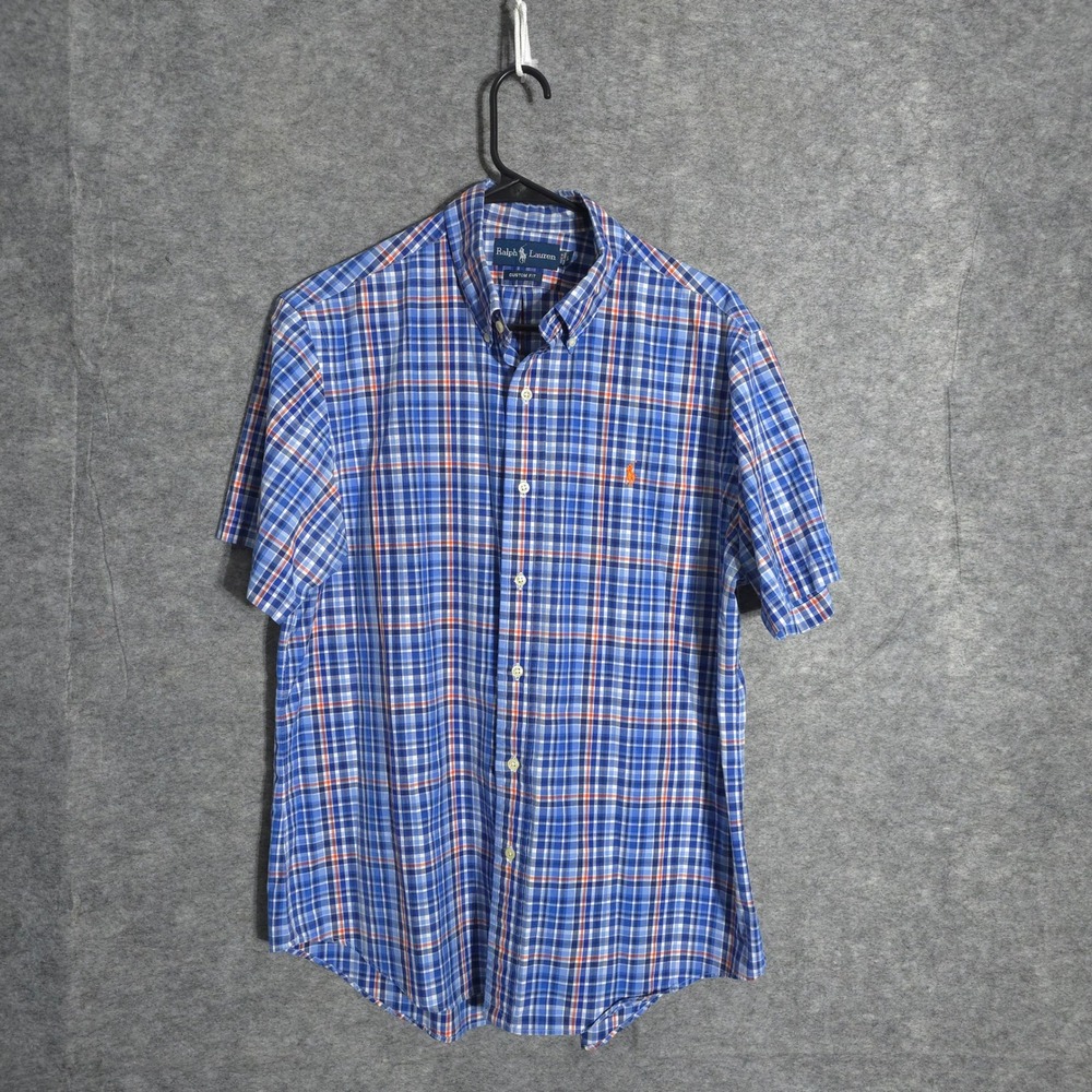 Ralph Lauren Shirt Mens L Blue Plaid Custom Fit Short Sleeve Button Down Pony
